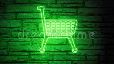 绿色购物车霓虹灯闪烁在砖块背景上。 购物，优惠，优惠背景..